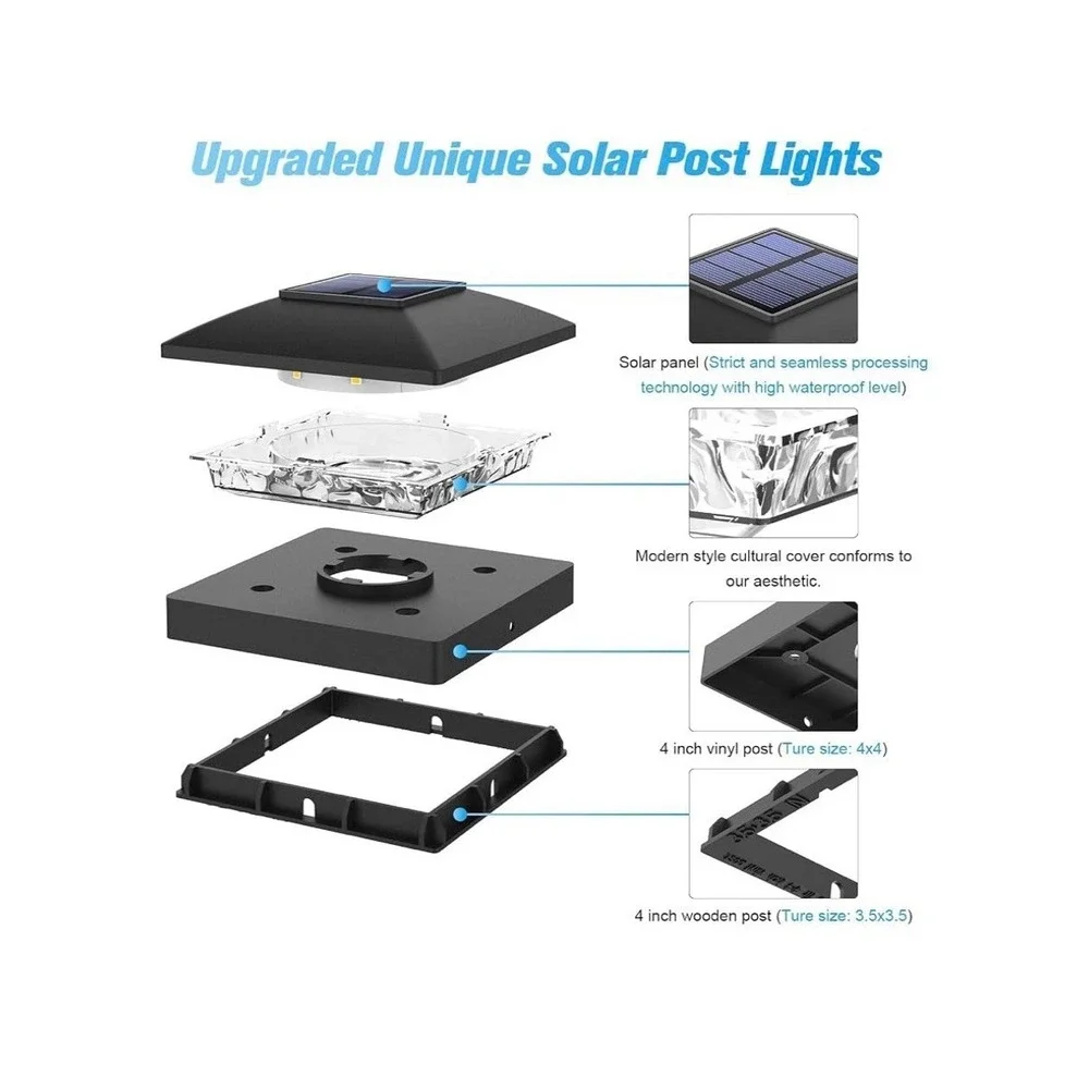 Solar Fence Post Cap Lights 12 Pack 4x4 Waterproof Warm White Black VOLISUN Deck